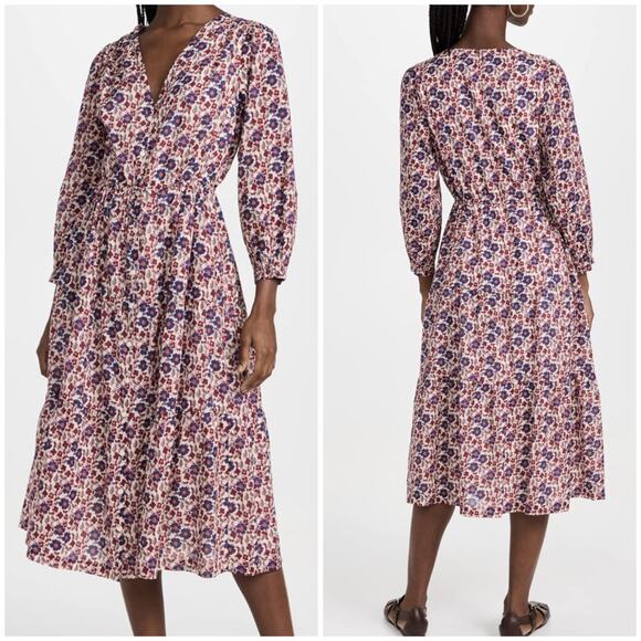 Trovata Birds of Paradis Floral Midi Dress L Ramie Cotton V-Neck Boho Peasant - Picture 5 of 11